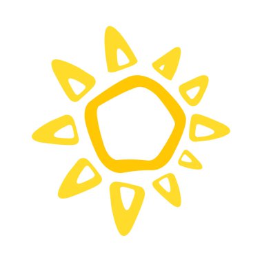 Sevimli komik güneş ikonu. Parlak ve güzel çizgi film karakteri. Soyut sarı güneş şekli. El çizimi karalama güneşi. Güneş logosu simgesi. Vektör İllüstrasyonu