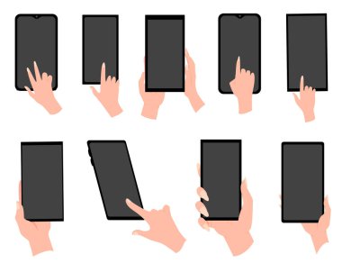 Siyah akıllı telefonu tutan, boş beyaz ekrana dokunan. Akıllı cep telefonu kullanıyor. Web siteleri, web pankartları için grafikler. Düz tasarım vektör çizimi