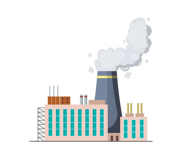 Factori ή μονάδα ηλεκτροπαραγωγής επίπεδη σχεδίαση διανυσματικής απεικόνισης. Κατασκευή εργοστασίου διυλιστηρίων βιομηχανικών κτιρίων ή πυρηνικού σταθμού. Κτίριο μεγάλο εργοστάσιο ή εργοστάσιο με καπνό σωλήνα — Διανυσματικό Αρχείο
