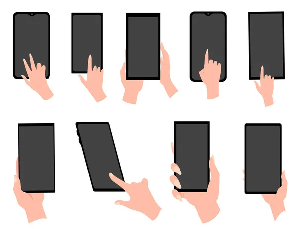 Mão segurando smartphone preto, tocando tela branca em branco. Usando telefone inteligente móvel. Gráficos para sites, banners web. Ilustração vetorial de design plano —  Vetores de Stock