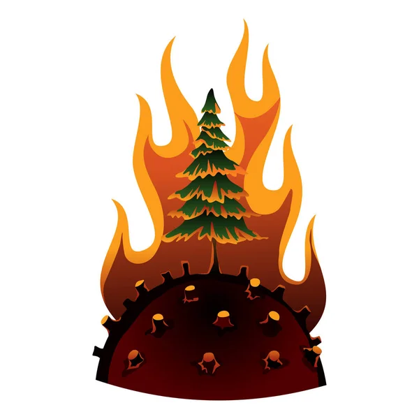 Earth global warming. Vector planet with cut down trees and fire. Warning ecology poster. Concept global drought. Poorly globe character of cartoon earth. Deforestation — Stock Vector