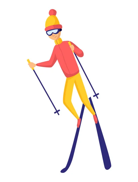 Esquiador de vectores. Elemento de diseño de esquí masculino aislado sobre fondo blanco. Deportista de invierno en estación de esquí. Actividad deportiva de invierno. El esquiador va a esquiar — Vector de stock