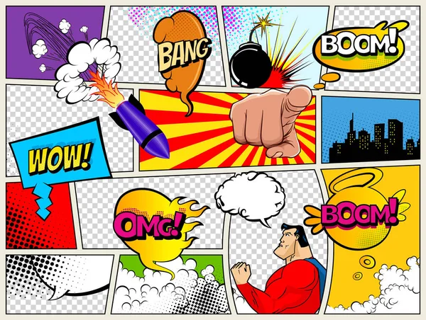 Grunge Retro Comic Speech Bubbles. Hintergrund mit radialen Halbtoneffekten und Strahlen im Pop-Art-Stil. Abstrakte sprechende Wolken und Klänge — Stockvektor