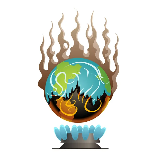 El calentamiento global de la Tierra. Vector planeta sobre el fuego. Afiche de ecología de advertencia. Concepto de sequía global. Pobre personaje globo de la tierra de dibujos animados — Vector de stock