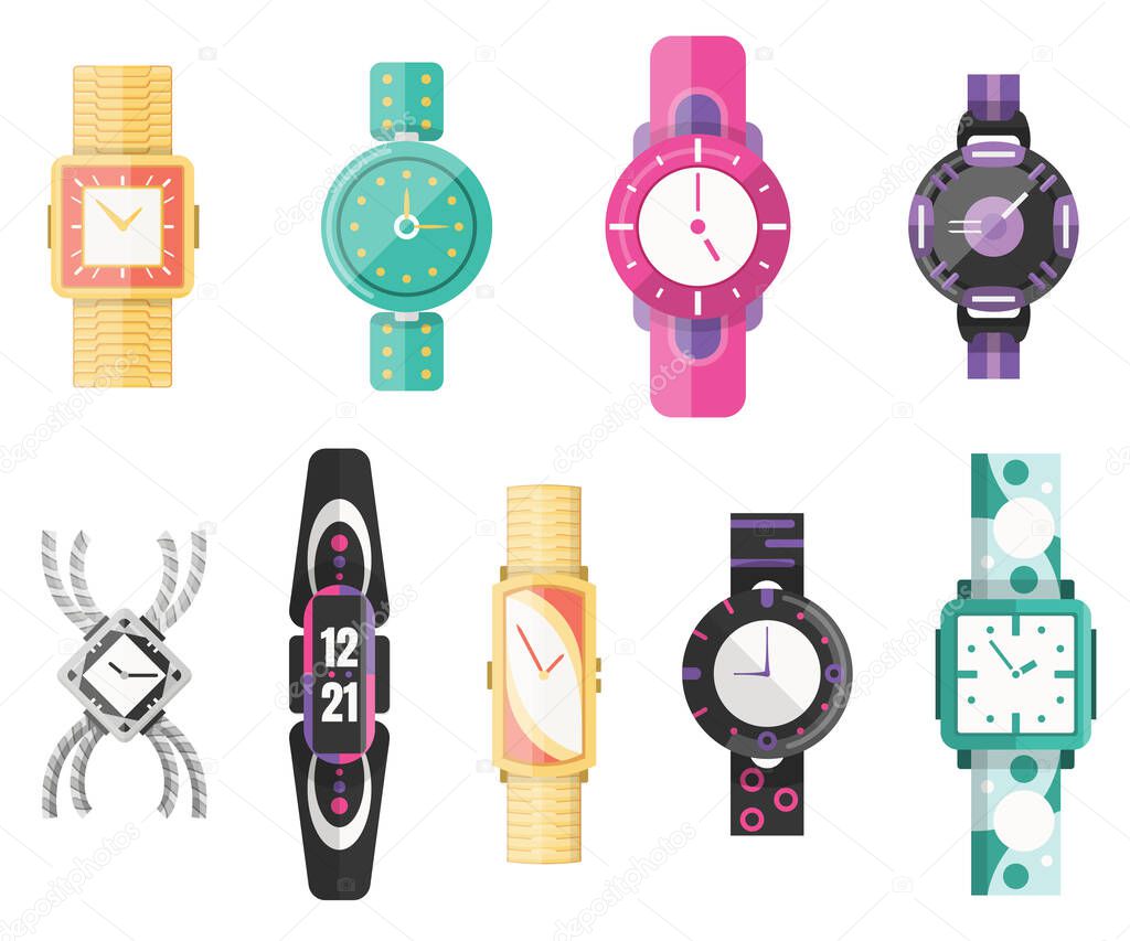 Classic men and women watches, set of vector icons. Watch for businessman, smartwatch and fashion clocks collection. Flat style vector illustration with bracelet
