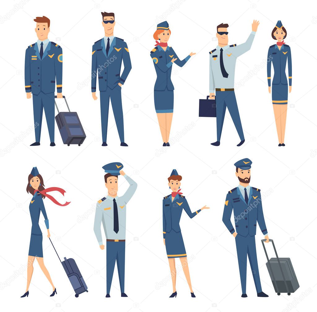Team of smiling civilian aircraft stewardess, aircraft pilot, aircrew captain and aviators dressed in uniform. Cheerful cartoon characters. Colorful vector illustration in flat style