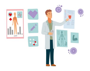 Tıptaki modern teknolojiler, tanı bilimi. Hastalarla ilgilenen doktor, sağlık ve teknoloji konsepti