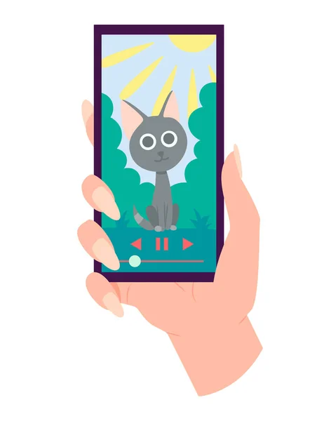 Handhaltendes Smartphone mit Abspielvideo auf dem Bildschirm. Soziales Netzwerk und mobiles Gerät. Grafiken für Webseiten, Web-Banner. Flache Designvektorillustration — Stockvektor