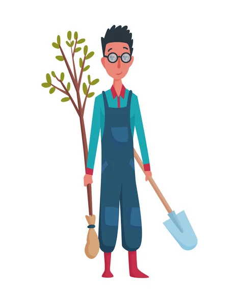 Happy man gardener or farmer with shovel and tree in hand on a white background. Cartoon character of man farming concept illustration. Design element of a private farm — Stock Vector