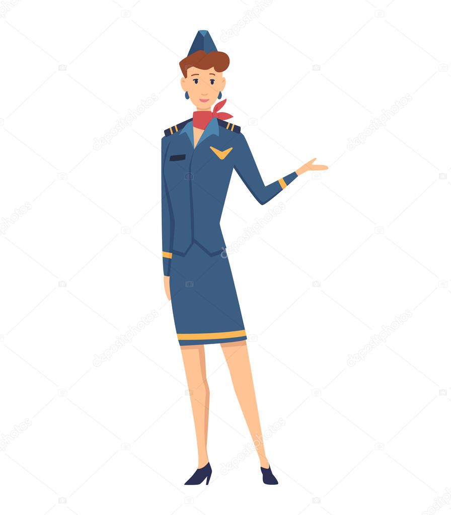 Smiling civilian aircraft stewardess dressed in uniform. Cheerful female cartoon character isolated on white background. Colorful vector illustration in flat style