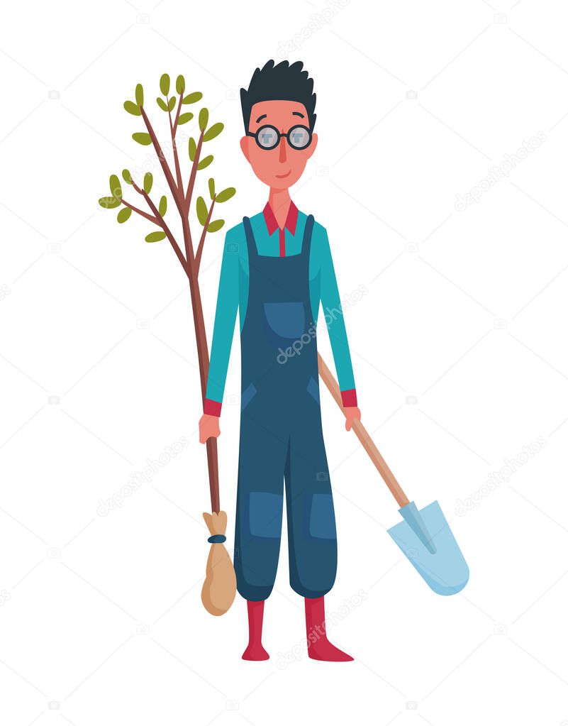 Happy man gardener or farmer with shovel and tree in hand on a white background. Cartoon character of man farming concept illustration. Design element of a private farm