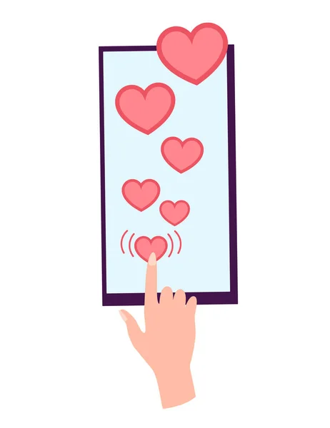 Mano celebración de teléfono inteligente con el corazón mensaje emoji en la pantalla, como botón. Red social y dispositivo móvil. Gráficos para sitios web, banners web. Diseño plano vector ilustración — Vector de stock