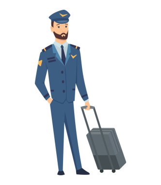 Gülümseyen sivil uçak pilotu, uçuş mürettebatı kaptanı, havacı ya da bavullu üniformalı bir havacı. Beyaz arka planda izole edilmiş neşeli erkek çizgi film karakteri. Renkli vektör illüstrasyonu
