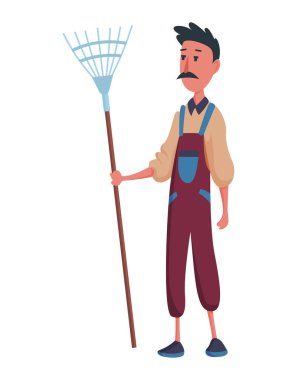 Mutlu bıyıklı adam bahçıvan ya da beyaz arka planda tırmığı olan çiftçi. İnsan çiftçiliği kavramının çizgi film karakteri. Özel bir çiftliğin tasarım ögesi