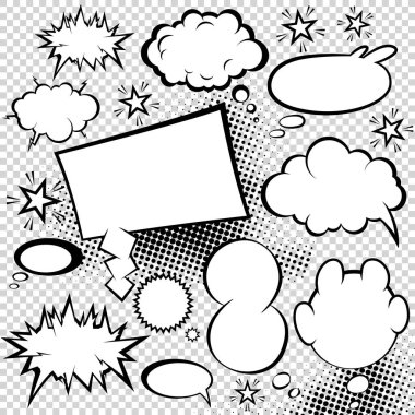 Çizgi roman tarzı konuşma baloncukları koleksiyonu. Komik tasarım vektör öğeleri illüstrasyonu. Yarım ton arkaplanda Pop sanat tarzında simgeler