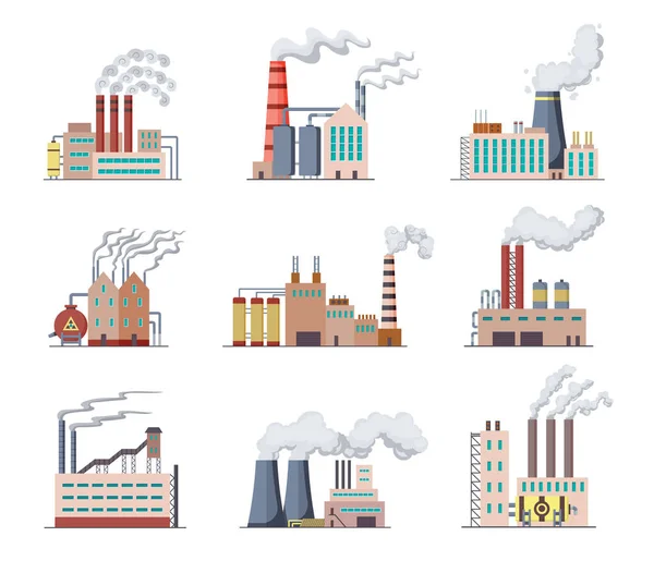Set van fabrieken en elektriciteitscentrales plat ontwerp van vector illustratie. Productie van industriële gebouwen raffinaderij fabriek of kerncentrales. Bouwen van grote fabrieken of fabrieken met pijprook — Stockvector