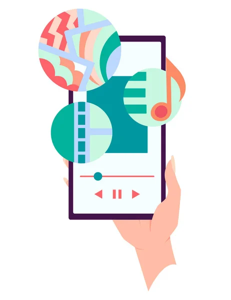 Mano sosteniendo el teléfono inteligente con música en pantalla. Red social y dispositivo móvil. Gráficos para sitios web, banners web. Diseño plano vector ilustración — Vector de stock