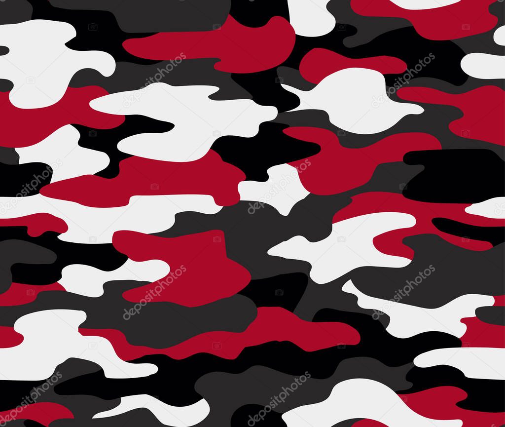 Camouflage seamless pattern. Abstract military or hunting camouflage background. Classic clothing style masking camo repeat print. Red and black colors camouflage