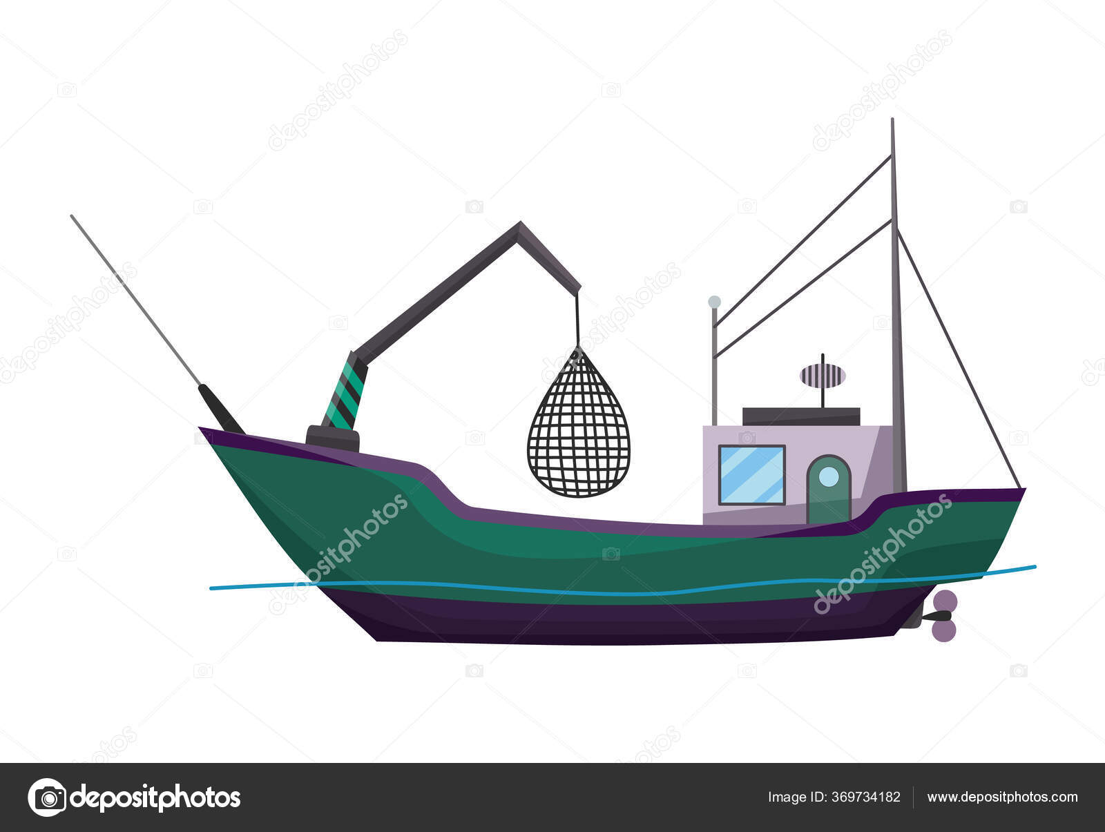 Barco de pesca vista lateral. Arrastrero de pesca comercial para