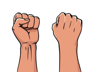 Kazanan yumruğunu sıktı. Logo etiket tasarımı, kazanma konsepti. Havada iki insan eli var. Vektör illüstrasyonu