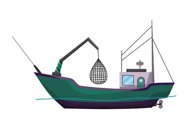 Barco de pesca vista lateral. Arrastrero de pesca comercial para la producción industrial de mariscos. Transporte marítimo, marítimo o marítimo. Ilustración vectorial — Vector de stock