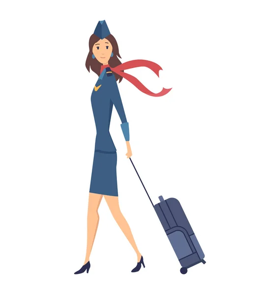 スーツケースを着た民間航空機のスチュワーデスを笑顔。白地に孤立した陽気な女性漫画のキャラクター。平型のカラフルなベクトルイラスト — ストックベクタ