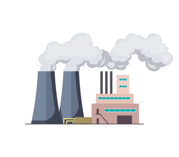 Factori 또는 power plant flat design of vector illustration 의 디자인. 매 뉴 공장 공장 공장 정제 공장 또는 원자력 발전소. 파이프 연기로 큰 공장이나 공장을 짓는 모습 — 스톡 벡터