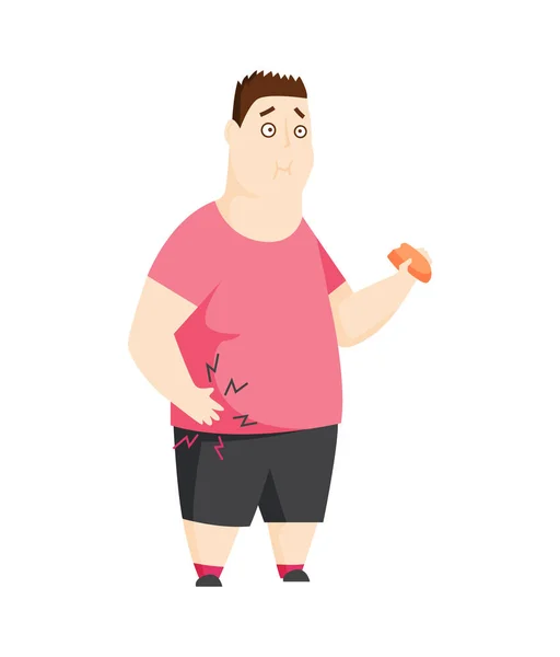 Människan har magont symtom på blindtarmsinflammation med tjocktarm och blindtarm. En ung fet man grep tag i magen. Buksmärta. Tillägg sjukdom, nödfall — Stock vektor