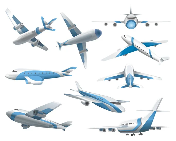 흰 바탕에 비행기가 있습니다. 항공기의 윗부분, 측면, 전면 및 계량 측정기. 민간 항공기이다. 다양 한견 해를 가진 승객 비행기, 하늘을 나는 비행기 및 비행기 — 스톡 벡터