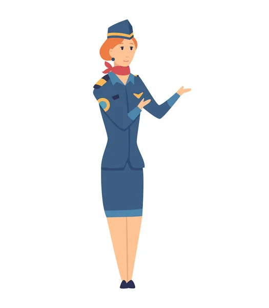 Usmívající se civilní letuška v uniformě. Veselý ženský kreslený postava izolované na bílém pozadí. Barevná vektorová ilustrace v plochém stylu — Stockový vektor