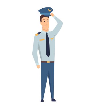 Gülümseyen sivil uçak pilotu, uçuş mürettebatı kaptanı, havacı ya da üniformalı bir havacı. Beyaz arka planda izole edilmiş neşeli erkek çizgi film karakteri. Düz biçimli renkli vektör illüstrasyonu