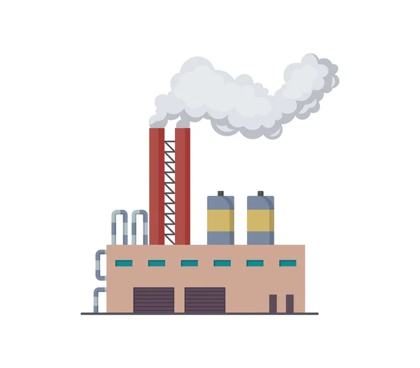 Factori 또는 power plant flat design of vector illustration 의 디자인. 매 뉴 공장 공장 공장 정제 공장 또는 원자력 발전소. 파이프 연기로 큰 공장이나 공장을 짓는 모습 — 스톡 벡터