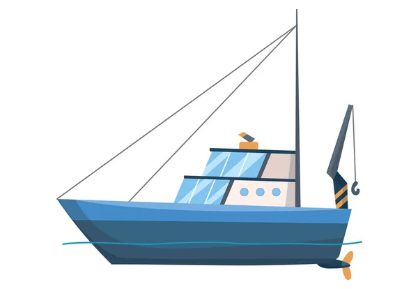 Visboot zijaanzicht. Commerciële trawler voor de industriële productie van zeevruchten. Zeeschip, zee- of oceaantransport. Vectorillustratie — Stockvector