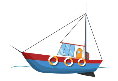 Balıkçı teknesi beyaz arka planda izole edilmiş. Ticari balıkçı gemisi, okyanus suyu için balıkçı teknesi, deniz ürünleri endüstrisi. Balıkçı teknesi