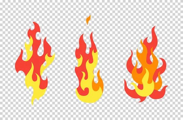 Podpalcie ogień. Kolekcja kreskówek abstrakcyjnych stylizowanych pożarów. Płonąca ilustracja. Komiczny niebezpieczny płomień oddziela wektor. Gorący obraz. Przejrzyste tło — Wektor stockowy