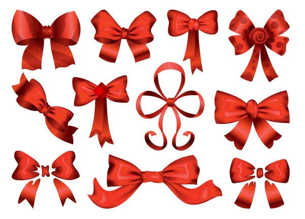 Big set of red gift bows with ribbons. Icons with decorative and festive design. Vector realistic bows illustration isolated on white background — Stock Vector