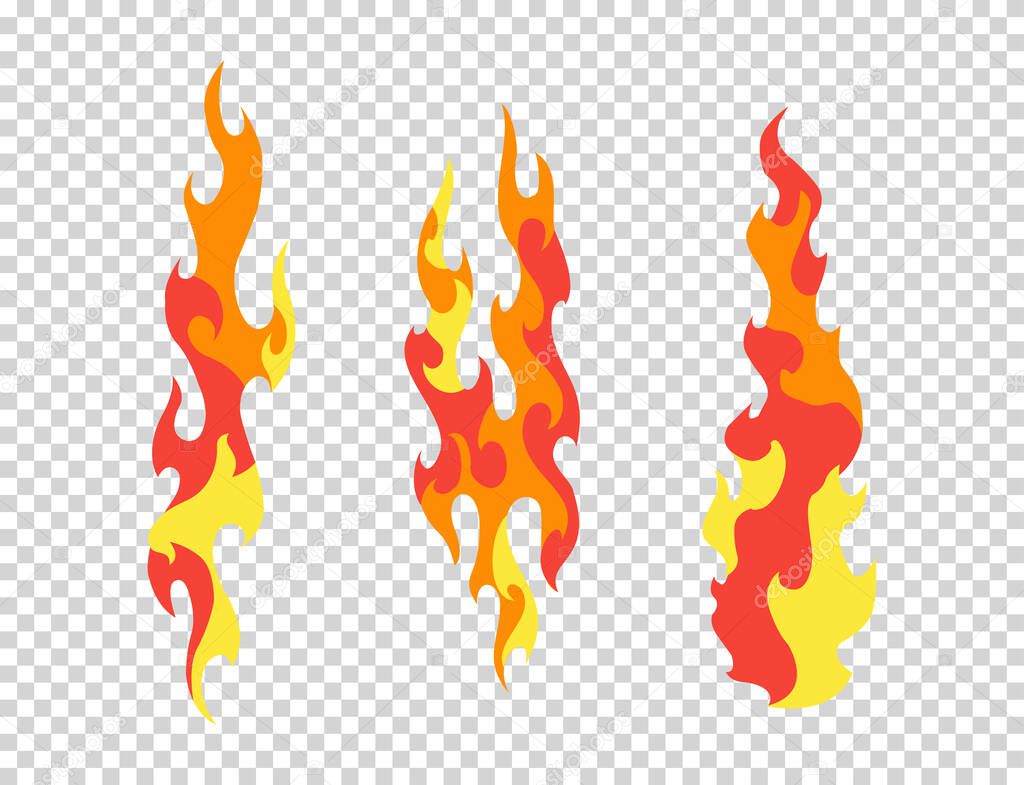 Set fire flames. Cartoon collection of abstract stylized fires. Flaming illustration. Comic dangerous flame fires isolated vector. Hot painting. Transparent background
