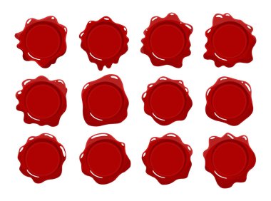 Balmumu pulları koleksiyonu. Kırmızı balmumu mühür seti. İzole vektör tasarım elementleri. Koruma ve sertifika, garanti ve kalite notları