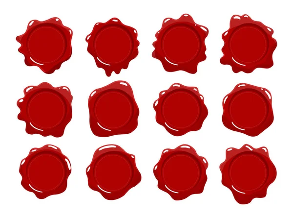 ワックススタンプコレクション。赤いワックスシールのセット。絶縁ベクトル設計要素。保護と認証、保証と品質マーク — ストックベクタ