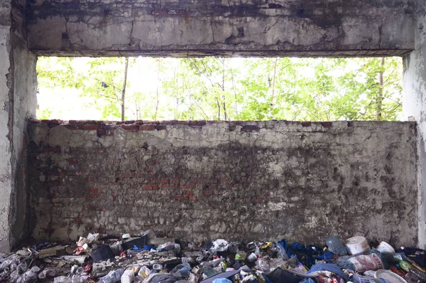 Vista Grandangolare Vecchio Edificio Fabbrica Abbandonato Muro — Foto Stock