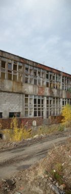 Eski pencereleri ve duvarları olan harabeler, beton duvarda endüstriyel pencereler.