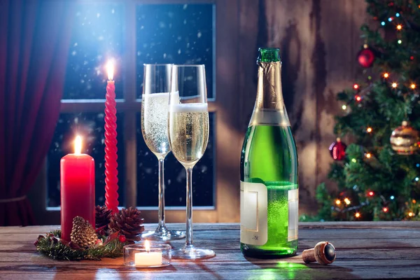 F champagne with candles color back — Stock Photo, Image