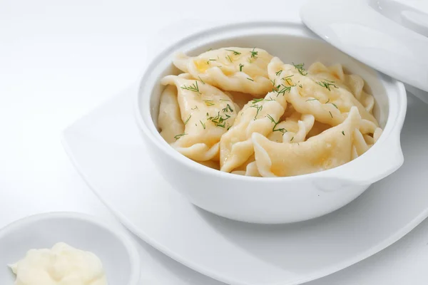 Close up view of nice delicious ravioli on white back — Stock Photo, Image