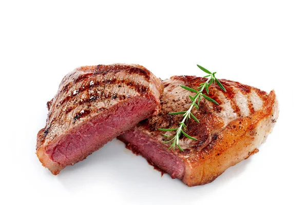 Close  up view of nice yummy fresh steak on white back — Stock Photo, Image
