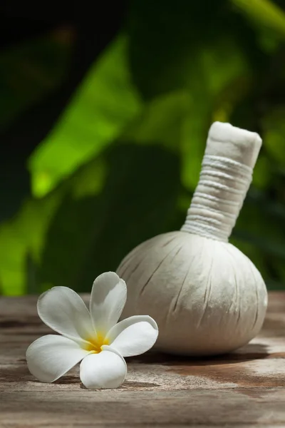 Close up view of  white Herbal Compress on color back. — Stock Photo, Image