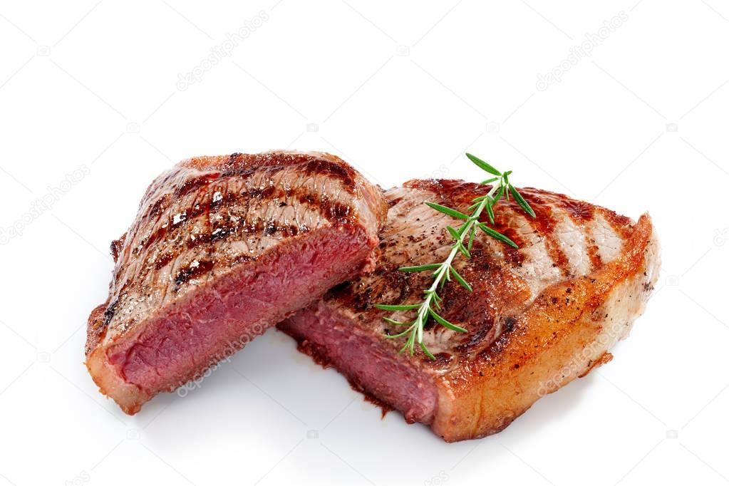 close  up view of nice yummy fresh steak on white back