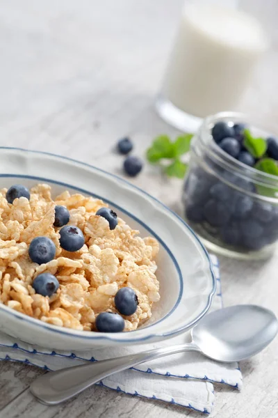 Vista de cerca del cuenco lleno de muesli en la espalda de color — Foto de Stock