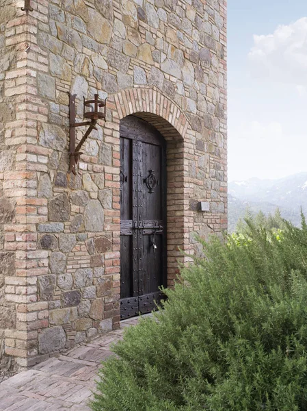 View of  old vintage  wooden  castle  doors and bricks wall — Stock Photo, Image