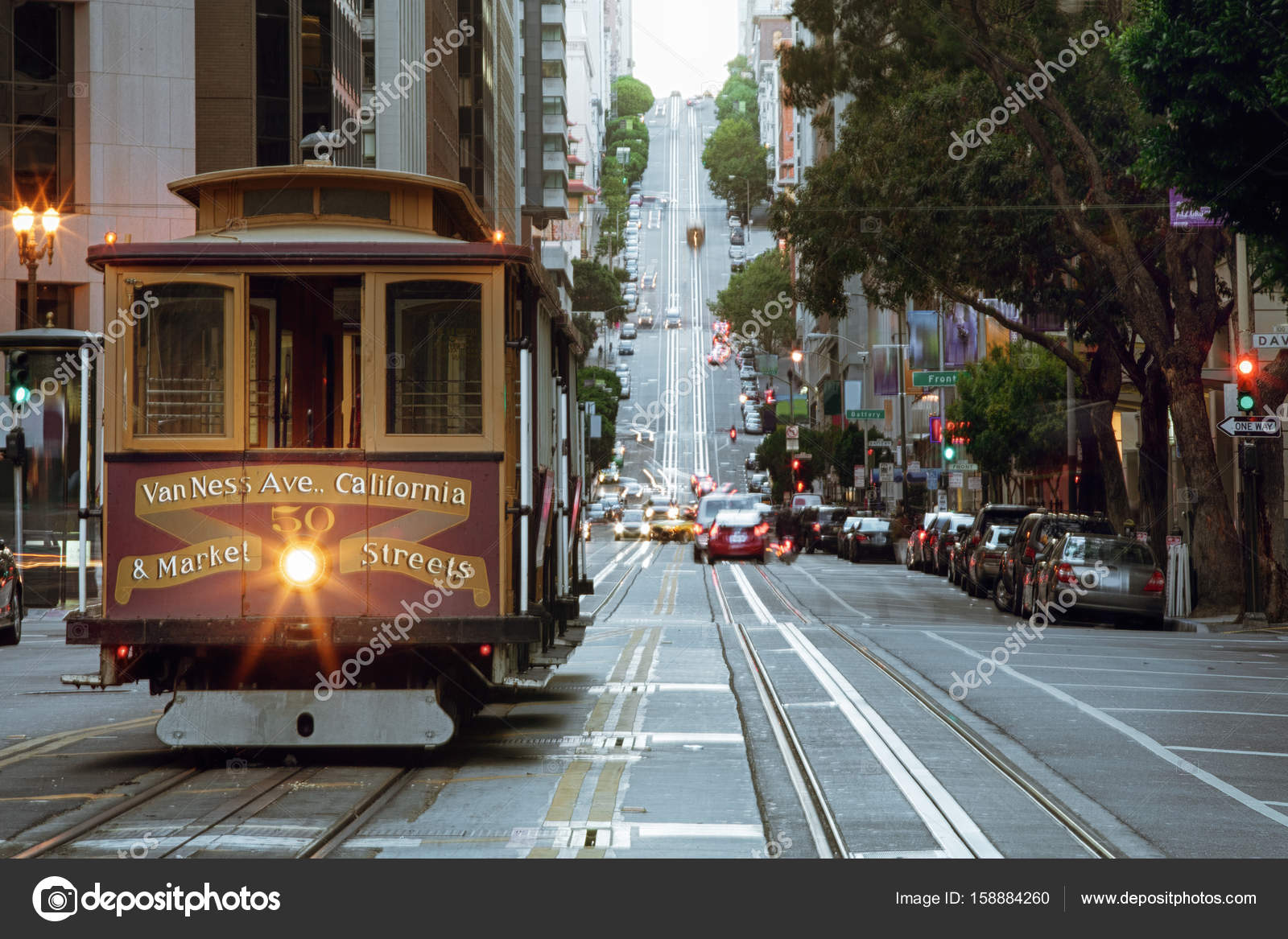 View of historical cable car on famous van ness ave in san francisco