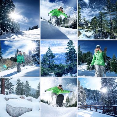 birkaç farklı görüntülerini oluşan snowboarder Tema kolaj